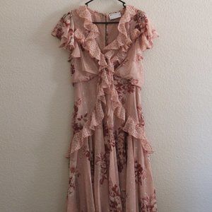 ASOS DESIGN RUFFLE DETAIL MIDI DRESS IN FLORAL AND METALLIC DOT MIXED PRINT